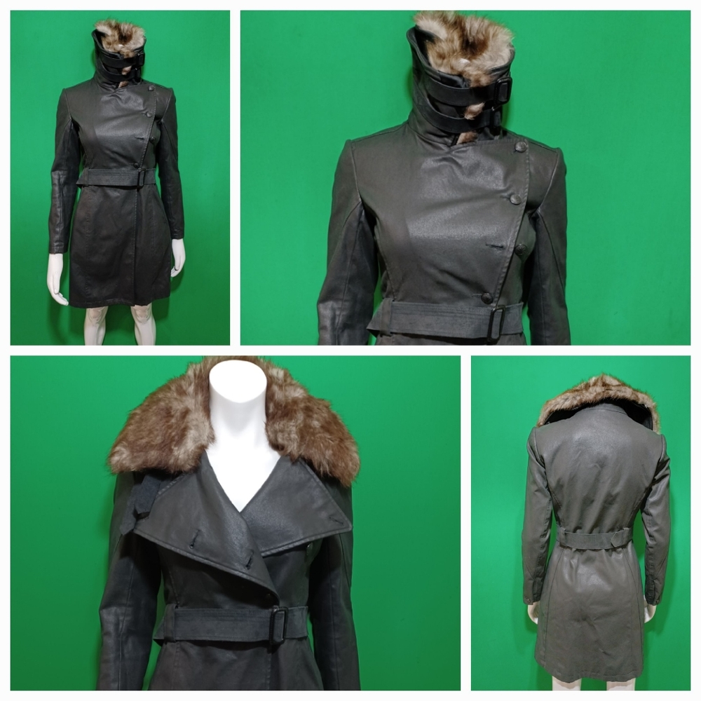 Rag & Bone Leather Combo Trench Coat/ Jacket  with removable collar Size 2